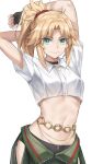  1girl arms_up belly_chain black_gloves blonde_hair braid breasts choker collared_shirt crop_top fate/apocrypha fate_(series) fingerless_gloves french_braid gloves green_eyes green_pants hair_ornament hair_scrunchie highres jewelry long_hair looking_at_viewer midriff mordred_(fate) mordred_(fate/apocrypha) navel pants parted_bangs ponytail red_scrunchie scrunchie shirt short_sleeves sidelocks simple_background small_breasts smile solo tonee white_shirt 