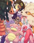  1boy absurdres arcanine closed_eyes colored_skin commentary_request eyelashes farigiraf glasses grey_eyes highres horse jacq_(pokemon) lurantis mudsdale open_mouth pink_skin pokemon pokemon_(creature) pokemon_sv purple_hair purple_skin red_eyes slowpoke swalot yu_(pocketsun636) 