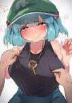  1girl 1other :&gt; absurdres black_tank_top blue_eyes blue_hair blue_skirt blush breasts breath closed_mouth commentary_request covered_nipples cowboy_shot flat_cap green_headwear hair_between_eyes hair_bobbles hair_ornament hat heart heart-shaped_pupils highres jewelry kawashiro_nitori key key_necklace large_breasts looking_at_viewer medium_bangs necklace nipple_tweak qralto shirt_tucked_in short_hair simple_background skirt smile solo_focus sweat symbol-shaped_pupils tank_top touhou two_side_up wavy_mouth white_background 