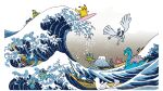  boat border corsola dewgong dragonair dratini fine_art_parody fishing_rod highres horsea kanagawa_okinami_ura lapras lugia marill mountain no_humans ocean official_art outdoors parody pikachu pokemon pokemon_(creature) squirtle surfboard surfing water watercraft watermark waves white_border 