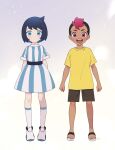  1boy 1girl :d alternate_hair_length alternate_hairstyle aqua_eyes black_hair blush closed_mouth commentary_request cowlick dress eyelashes grey_background highres knees liko_(pokemon) looking_at_viewer open_mouth pokemon pokemon_(anime) pokemon_horizons rei_hinketsu roy_(pokemon) sandals shirt shoes short_sleeves shorts smile socks standing t-shirt teeth toes tongue upper_teeth_only white_footwear white_socks yellow_shirt 