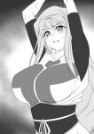  1girl arms_up bodysuit breasts clenched_teeth glaring greyscale highres hiiragi_akao jinki large_breasts long_hair lucky73dsmaxmax monochrome restrained solo sweat teeth upper_body 