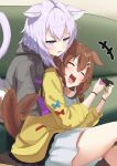  2girls :d animal_ear_fluff animal_ears blush brown_hair cat_ears cat_tail controller dog_tail dress game_controller highres holding holding_controller holding_game_controller hololive indoors inugami_korone jacket long_sleeves multiple_girls nekomata_okayu open_clothes open_jacket purple_eyes purple_hair sitting smile taachika tail tail_wagging tickling v-shaped_eyebrows white_dress yellow_jacket 