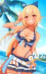  1girl absurdres belt bikini blonde_hair blue_bow blue_sky blush bow bracelet breasts cleavage cloud collarbone commentary_request dark-skinned_female dark_skin day elf hair_bow highres hololive jewelry large_breasts long_hair looking_at_viewer multicolored_hair navel ocean outdoors pointy_ears red_eyes sen_(sen42724788) shiranui_flare sky solo streaked_hair swimsuit v virtual_youtuber white_belt white_hair 