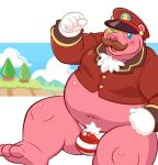  anthro bear bear_jelly_conductor belly big_belly blue_eyes blush body_hair bulge clothed clothing cookie_run_kingdom duo facial_hair gloves handwear hat headgear headwear hupi1008 male mammal mustache navel overweight overweight_male pantsless pink_body pink_feet pink_nose pubes red_clothing red_suit suit thong train_conductor underwear white_clothing white_gloves white_handwear 