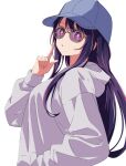  1girl baseball_cap bespectacled blue_headwear breasts censored commentary_request glasses hand_in_pocket hat highres hood hoodie hoshino_ai_(oshi_no_ko) index_finger_raised kusana_(kusana47454281) long_hair long_sleeves looking_at_viewer medium_breasts mosaic_censoring multicolored_hair oshi_no_ko parted_lips pink_hair puffy_sleeves purple-tinted_eyewear purple_eyes sidelocks simple_background solo star-shaped_pupils star_(symbol) streaked_hair symbol-shaped_pupils tinted_eyewear upper_body white_background white_hoodie 
