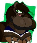  absurd_res alpha_channel anthro big_breasts bottomwear breasts brown_body brown_fur brown_hair canid canine chubby_female cleavage clothed clothing female fur green_eyes hair hi_res huge_breasts hybrid long_hair mammal procyonid raccoon raccoon_dog raccoonuki raquel_(raccoonuki) shirt shorts solo standing tanuki thick_thighs toony topwear 