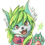  1:1 ambiguous_gender bust_portrait cheek_tuft facial_tuft fangs feral front_view fur glistening glistening_eyes green_body green_fur green_hair hair happy inner_ear_fluff kuttoyaki looking_at_viewer open_mouth open_smile portrait red_eyes red_tongue semi-anthro simple_background smile solo teeth tongue tuft white_background white_inner_ear_fluff 