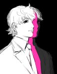  1boy absurdres black_background blonde_hair formal gssy_0 highres hunter_x_hunter looking_at_viewer male_focus necktie pariston_hill partially_colored short_hair simple_background smile solo suit 