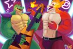  abs absurd_res alligatorid anthro barazoku belt clothing concert crocodilian duo eye_contact eyewear fire five_nights_at_freddy&#039;s five_nights_at_freddy&#039;s:_security_breach generation_9_pokemon gio-joe guitar hi_res looking_at_another male montgomery_gator_(fnaf) muscular muscular_anthro muscular_male music musical_instrument neon_lights nintendo pecs plucked_string_instrument pokemon pokemon_(species) reptile scalie scottgames singing skeledirge steel_wool_studios string_instrument sunglasses underwear 