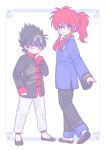  2boys alternate_costume black_footwear black_hair blue_shirt chinese_clothes closed_mouth dragon_print full_body green_eyes hair_between_eyes hiei_(yu_yu_hakusho) kurama_(yu_yu_hakusho) long_hair long_sleeves looking_at_viewer male_focus morishi_(bearxforest) multiple_boys ponytail red_eyes red_hair shirt sidelocks simple_background sleeves_past_wrists slippers smile spiked_hair standing tangzhuang white_background wide_sleeves yu_yu_hakusho 