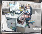  1girl artist_self-reference barcode bilibili black_hairband black_necktie black_skirt black_socks black_wrist_cuffs blonde_hair blue_eyes blue_hair book chair character_name closed_mouth commentary computer computer_tower copyright_name crossed_out cup desk doll_hug drawing_tablet earrings english_commentary feet footrest full_body girls&#039;_frontline griffin_&amp;_kryuger hairband highres holding holding_pen jewelry keyboard_(computer) kneehighs legs letter_hair_ornament lightning_bolt_symbol long_hair monitor mouse_(computer) multicolored_hair multiple_monitors necktie no_shoes object_hug office_chair office_lady official_alternate_costume official_art oop paperclip pen pinstripe_pattern pinstripe_skirt plant potted_plant promotional_art rug sangvis_ferri savage_99_(doodles_and_daydreams)_(girls&#039;_frontline) savage_99_(girls&#039;_frontline) second-party_source see-through_socks shin_strap shirt short_sleeves sign sitting skirt slippers slippers_removed socks soles solo sticker streaked_hair striped swivel_chair toes very_long_hair warning_sign white_shirt wrist_cuffs 