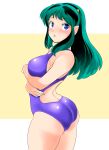  1girl absurdres ass blue_eyes blush_stickers breasts commentary_request competition_swimsuit cowboy_shot crossed_arms green_hair highres horns long_hair looking_at_viewer lum medium_breasts nanao_futaba one-piece_swimsuit oni_horns pointy_ears purple_one-piece_swimsuit solo swimsuit urusei_yatsura 