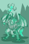  2023 alternate_species anthro armor belt belt_pouch bottomless claws clothed clothing dax_(dax1) dragon flinters gauntlets gloves glowing glowing_eyes handwear hi_res horn male membrane_(anatomy) membranous_wings restricted_palette solo wand wings 