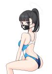  1girl absurdres bare_arms bare_legs bare_shoulders black_eyes black_hair black_mask blue_archive blue_one-piece_swimsuit breasts chuo8008 competition_swimsuit feet_out_of_frame halo highres long_hair looking_at_viewer mask medium_breasts mouth_mask one-piece_swimsuit ponytail simple_background solo sukeban_(smg)_(blue_archive) surgical_mask swimsuit white_background 