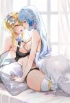  2girls after_kiss alternate_hairstyle anzu0130 arm_support asymmetrical_docking black_bra black_panties blonde_hair blue_eyes blue_hair blunt_bangs blunt_tresses bra braid breast_press breasts butterfly_hair_ornament commentary_request curtains detached_sleeves flower genshin_impact grey_pantyhose hair_between_eyes hair_flower hair_ornament hair_ribbon highres indoors kamisato_ayaka light_blue_hair long_hair lumine_(genshin_impact) lying medium_breasts mole mole_under_eye multiple_girls on_bed open_mouth panties pantyhose ribbon saliva saliva_trail short_hair_with_long_locks sweat thighhighs tongue tongue_out tress_ribbon underwear white_flower white_sleeves white_thighhighs window yellow_eyes yuri 