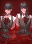  2girls black_hair blood chainsaw_man cross_scar dress fourth_east_high_school_uniform highres long_hair looking_at_another low_twintails mitaka_asa multiple_girls neck_ribbon partially_submerged pinafore_dress pool_of_blood red_background red_eyes red_ribbon red_theme ribbon ringed_eyes scar scar_on_cheek scar_on_face school_uniform sleeveless sleeveless_dress smile sweat twintails yode yoru_(chainsaw_man) 