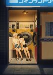  2girls arm_support black_footwear blonde_hair blue_shorts brown_hair commentary doorway face-to-face feet full_body high-waist_shorts highres kamo_kamen knees_together_feet_apart laundromat leaning_to_the_side legs looking_at_another multiple_girls original ponytail sandals shadow shirt short_shorts short_sleeves shorts sitting sitting_on_bench tile_floor tiles toenails toes washing_machine white_shirt yuri 