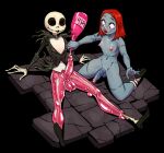  animated_skeleton balls blue_body blush bone clothing crossgender duo footwear ftm_crossgender genitals hair hi_res high_heels humanoid jack_skellington kneeling male male/male navel nipples not_furry penis red_hair ripushko sally_(tnbc) skeleton smile the_nightmare_before_christmas undead 