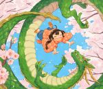  1girl ahoge blue_sky branch brown_hair cherry_blossoms chinese_clothes claws closed_eyes day dragon eastern_dragon falling falling_petals fantasy female_child long_hair midair monaka_(siromona) open_mouth original outdoors petals scales side_ponytail sky 