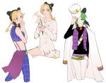  1girl 66_gousen black_hair blonde_hair braid breasts coat commentary_request cone_hair_bun cosplay double_bun dress floral_print flower green_eyes green_hair green_lips hair_bun hat holding holding_clothes holding_flower holding_hat jojo_no_kimyou_na_bouken jolyne_fly_high_with_gucci kujo_jolyne kujo_jotaro kujo_jotaro_(cosplay) long_sleeves multicolored_hair official_alternate_costume spider_web_print stone_ocean two-tone_hair white_coat yellow_lips 