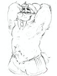  anthro armpit_hair backwards_baseball_cap backwards_hat baseball_cap bedroom_eyes blush body_hair bottomwear bugsnax bulge chandlo_funkbun clothed clothing fangs fluffy fluffy_tail grumpus gym_bottomwear gym_clothing gym_shorts happy_trail hat headgear headwear hi_res invalid_tag male narrowed_eyes nipples raised_arms sabertooth_(anatomy) seductive shirtless_male shorts sketch smile solo tail teeth topless topless_male walrotor_(artist) young_horses 