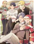  5boys aged_down black_pants black_sweater blonde_hair blue_hair blush braid christmas christmas_present christmas_sweater closed_eyes closed_mouth dio_brando english_commentary facial_hair family father_and_son fur_trim george_joestar gift giorno_giovanna grandfather_and_grandson happy happy_holidays hat highres holding implied_yaoi indoors jojo_no_kimyou_na_bouken jonathan_joestar long_hair long_sleeves male_child morino_peko multiple_boys mustache open_mouth pants robert_e._o._speedwagon santa_costume santa_hat short_hair smile sweater vento_aureo white_pants 