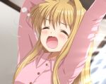  1girl air_(visual_novel) arm_behind_head arms_up blurry blurry_background blush close-up closed_eyes commentary dogu_illust grabbing_own_arm hair_between_eyes hair_down hair_intakes indoors kamio_misuzu light_rays open_mouth pajamas pink_pajamas sidelighting sidelocks sleepy solo stretching sunbeam sunlight wavy_mouth yawning 