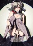  1girl between_legs black_hair breasts china_dress chinese_clothes cleavage_cutout clothing_cutout corsage double_bun dress final_fantasy final_fantasy_vii final_fantasy_vii_remake fishnet_thighhighs fishnets hair_bun hand_between_legs highres knees_together_feet_apart lace-trimmed_thighhighs large_breasts looking_at_viewer official_alternate_costume official_alternate_hairstyle sitting solo temoc thighhighs tifa_lockhart tifa_lockhart&#039;s_sporty_dress 