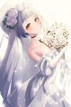  1girl bare_shoulders blue_hair blush bouquet breasts bridal_veil choker cleavage commentary cowboy_shot dress expressionless flower girls&#039;_frontline gloves hair_flower hair_ornament highres holding holding_bouquet jewelry kimi_(jxrm5387) looking_at_viewer mouth_hold necklace official_alternate_costume short_hair simple_background solo veil wedding_dress white_dress white_gloves yellow_eyes zas_m21_(affections_behind_the_bouquet)_(girls&#039;_frontline) zas_m21_(girls&#039;_frontline) 