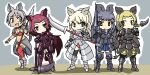  &gt;:) 5girls :d animal_ears armor armored_boots armored_dress bikini_armor black_armor black_rhinoceros_(kemono_friends) blonde_hair boots braid braided_ponytail breastplate breasts brown_eyes brown_hair chibi cleavage closed_mouth dual_persona extra_ears full_body gauntlets grey_eyes grey_hair hand_up indian_rhinoceros_(kemono_friends) jewelry kemono_friends lance legs_apart long_hair looking_at_another looking_at_viewer multicolored_hair multiple_girls navel neck_ring open_mouth pike_(weapon) polearm red_hair rhinoceros_ears rhinoceros_girl shoulder_armor single_braid smile srd_(srdsrd01) standing stomach sumatran_rhinoceros_(kemono_friends) sumatran_rhinoceros_(kemono_friends)_(old_design) tail tan thighhighs v-shaped_eyebrows very_long_hair weapon white_rhinoceros_(kemono_friends) wrist_wings 