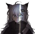  1girl 5rwpvc ahoge animal_ears aqua_eyes arknights black_jacket closed_mouth highres jacket lappland_(arknights) long_hair portrait scar scar_across_eye sidelocks simple_background solo very_long_hair white_background white_hair wolf_ears 