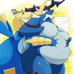  2023 annoyed anthro armor belly belly_grab belly_squeeze belly_squish big_belly big_breasts big_butt blue_body blush bodily_fluids breasts butt claws duo emanata embarrassed embrace english_text featureless_breasts female female/female generation_5_pokemon glistening grey_body grin headgear helmet hisuian_form hisuian_samurott horn hug hugging_from_behind japanese_text mokeee57 motion_lines narrowed_eyes navel nintendo nude overweight overweight_female pokemon pokemon_(species) regional_form_(pokemon) samurott simple_background smile squish sweat sweatdrop teasing text thick_thighs whiskers white_body wide_hips 