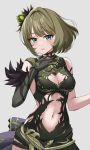  1girl black_dress breasts cleavage cleavage_cutout clothing_cutout dress fur_trim green_hair hair_ornament heterochromia highres idolmaster idolmaster_cinderella_girls kamoromance614 medium_breasts mole mole_under_eye navel navel_cutout solo takagaki_kaede 