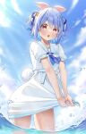  1girl absurdres blue_hair blue_sky cloud dress highres hololive open_mouth red_eyes short_sleeves sky solo sunlight thighs tomozu usada_pekora water 