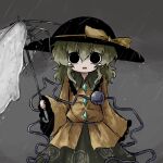  1girl :d black_eyes black_headwear blouse bow broken_umbrella buttons cowboy_shot diamond_button floral_print frilled_shirt_collar frilled_sleeves frills frown green_skirt grey_sky hat hat_bow hat_ribbon heripantomorrow holding holding_umbrella komeiji_koishi light_green_hair long_sleeves looking_at_viewer medium_hair open_mouth outdoors rain ribbon rose_print shirt sidelocks skirt sky smile solo standing tears third_eye touhou umbrella wavy_hair white_umbrella wide_sleeves yellow_bow yellow_ribbon yellow_shirt 