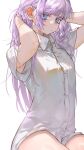  1girl absurdres armpit_peek blue_eyes collared_shirt colored_eyelashes foolish_potato hands_in_hair hands_up highres long_hair looking_at_viewer messy_hair nanakusa_nazuna_(yofukashi_no_uta) purple_eyes ringed_eyes shirt simple_background solo white_background white_shirt yofukashi_no_uta 