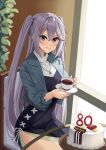  1girl absurdres annoyed azur_lane birthday_cake blue_eyes cafe cake casual coffee commission cup dress food grey_hair hair_between_eyes highres holding holding_cup intrepid_(azur_lane) jewelry looking_at_viewer necklace ring saucer sidelocks smodzz998 thighs two_side_up wedding_ring window 