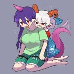  2girls blush breasts frown grabbing grabbing_another&#039;s_breast groping hand_under_clothes horizontal_pupils horns kasugai_(de-tteiu) large_breasts multiple_girls purple_hair red_eyes sharp_teeth shirt syringe tail tail_wagging teeth tenkajin_chiyari test_tube touhou toutetsu_yuuma white_hair yuri 