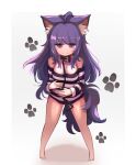  1girl ahoge animal_ears bare_legs bare_shoulders barefoot belt_collar cat_ears cat_girl closed_mouth collar commission copyright_request full_body highres holding holding_leash hwaryeok leash long_hair no_pants paw_print paw_print_background prison_clothes purple_eyes purple_tail simple_background standing tail very_long_hair 