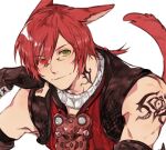  1boy animal_ears arm_tattoo black_gloves braid braided_ponytail cat_boy cat_ears cat_tail facial_mark final_fantasy final_fantasy_xiv fingerless_gloves g&#039;raha_tia gloves green_eyes gyulseu head_rest heterochromia highres looking_at_viewer male_focus miqo&#039;te neck_tattoo red_eyes red_hair red_vest short_hair short_ponytail simple_background single_braid slit_pupils smile solo tail tattoo upper_body vest white_background 