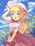  1girl :d absurdres arm_up artist_name blonde_hair blue_eyes blue_sky blush cloud collared_shirt commentary_request day earrings eyelashes hanaon hat high-waist_skirt highres jewelry lips long_hair long_skirt mario_(series) open_mouth outdoors pink_skirt princess_peach princess_peach_(vacation) puffy_short_sleeves puffy_sleeves shirt shirt_tucked_in short_sleeves sidelocks signature skirt sky smile solo sphere_earrings suitcase sun_hat super_mario_odyssey tree twitter_username white_headwear white_shirt wind 