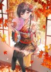  1girl arm_up autumn autumn_leaves black_hair black_thighhighs braid bush commentary_request crossed_bangs detached_sleeves floral_print flower gradient_kimono hair_flower hair_ornament hand_fan highres holding holding_fan japanese_clothes kimono leaf long_hair miwabe_sakura original paper_fan red_eyes sitting solo thighhighs water wide_sleeves window zettai_ryouiki 
