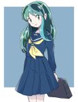  1girl bag blush border green_eyes green_hair highres holding holding_bag horns long_hair long_skirt long_sleeves lum neckerchief oni_horns pleated_skirt pointy_ears school_bag school_uniform skirt smile solo truth-pp urusei_yatsura white_border yellow_neckerchief 