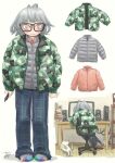  1girl arms_at_sides banknote_print blue_pants blush cat chiyo_maru closed_mouth commentary_request computer desk down_jacket equipment_layout glasses green_jacket green_pants grey_hair grey_jacket grey_socks holding holding_stylus jacket layered_clothes light_smile medium_hair messy_hair multiple_views on_chair open_clothes open_jacket original pants pink_eyes pink_jacket plaid plaid_pants print_jacket signature sitting sitting_sideways slippers socks speaker stylus swivel_chair two-tone_pants wide-eyed 