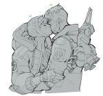  1boy 1girl absurdres apex_legends blush bodysuit crypto_(apex_legends) english_commentary hand_on_another&#039;s_arm heart hetero highres hood hood_down hood_up hooded_bodysuit jacket kiss kissing_cheek lightning_bolt_symbol lila_(lilakeylk) monochrome ribbed_bodysuit simple_background smile spot_color upper_body wattson_(apex_legends) white_background 