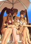  1boy 3girls absurdres admiral_(kancolle) anus assertive_female beach_umbrella bikini blush breasts brown_hair casual_one-piece_swimsuit clothed_female_nude_male day grin group_sex hair_intakes hetero highres huge_breasts kantai_collection long_hair mrdotd multiple_girls multiple_persona nude official_alternate_costume one-piece_swimsuit open_mouth outdoors pink_bikini ponytail red_one-piece_swimsuit sandals sarong side-tie_swimsuit smile speech_bubble striped striped_one-piece_swimsuit swimsuit tall_female translation_request umbrella very_long_hair white_bikini yamato_(kancolle) yamato_kai_ni_(kancolle) 