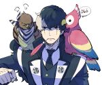  1boy ace_attorney animal animal_on_shoulder bird bird_on_shoulder black_eyes black_jacket black_necktie buttons collared_shirt colored_skin feather_in_mouth feathers frown hairstyle_request hand_up hawk high_collar jacket long_sleeves multicolored_hair necktie parrot polly_(ace_attorney) portrait shino_(shino_dgs) shirt simon_blackquill simple_background speech_bubble taka_(ace_attorney) two-tone_hair white_background white_hair white_shirt white_skin 