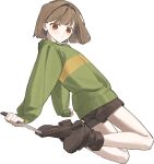  1other :&lt; black_shorts brown_eyes brown_hair chara_(undertale) closed_mouth full_body green_sweater highres holding holding_knife i3dpi knife long_sleeves looking_at_viewer other_focus shoes short_hair short_shorts shorts simple_background solo sweater undertale white_background 