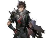  1boy animal_ears arknights arknights:_endfield belt black_gloves black_jacket black_pants brown_eyes brown_hair cape closed_mouth cowboy_shot crossed_bangs fingerless_gloves gloves hair_between_eyes hand_on_own_hip holding holding_knife jacket knife looking_at_viewer male_focus official_art pants red_gloves reverse_grip scar scar_on_arm scar_on_cheek scar_on_face short_hair single_fingerless_glove solo spiked_hair standing tail torn_cape torn_clothes transparent_background two-tone_gloves wolf_boy wolf_ears wolf_tail wulfgard_(arknights) 